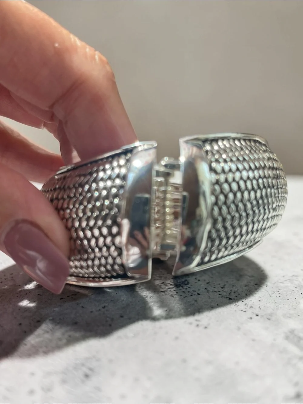 Silver Tone Textured Hinged Magnetic Closure Statement Cuff Bracelet